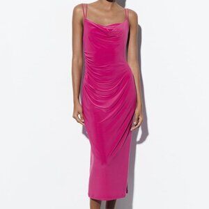 NWT HOT PINK MIDI DRESS WITH DRAPED NECKLINE